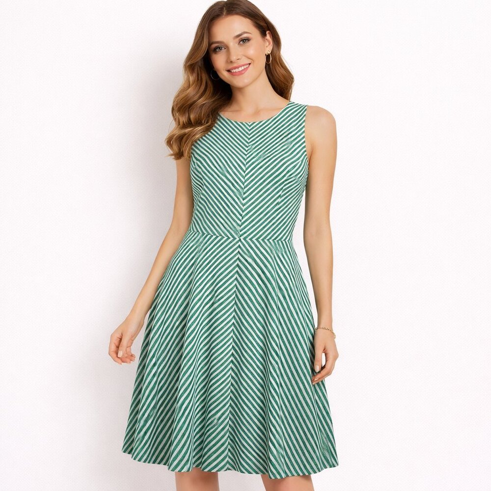 Talbots green white V neck A-line striped dress size M